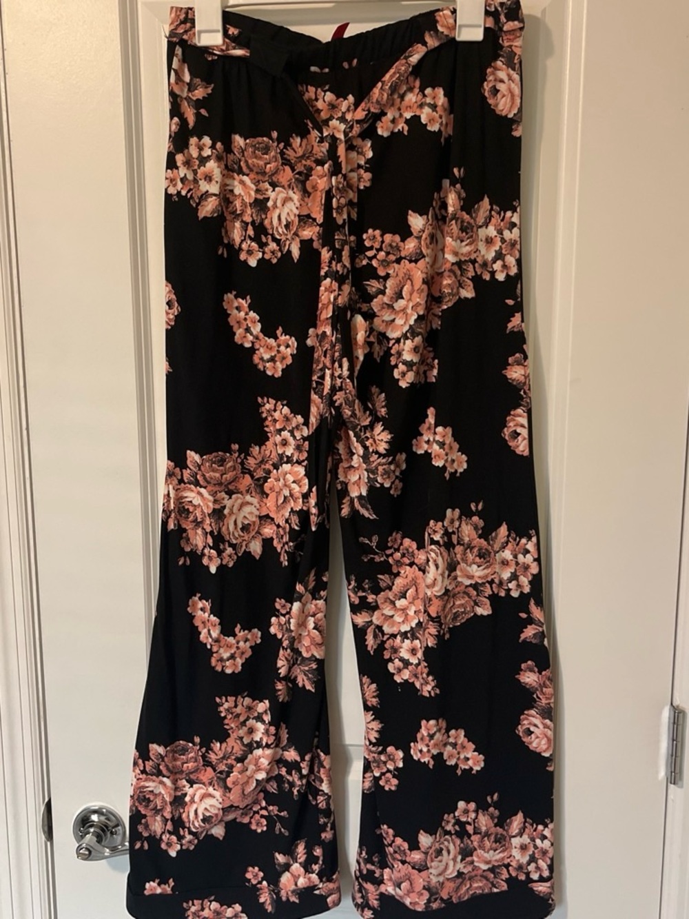 Hot Kiss Black Wide-Leg Floral Trousers with Blush Roses